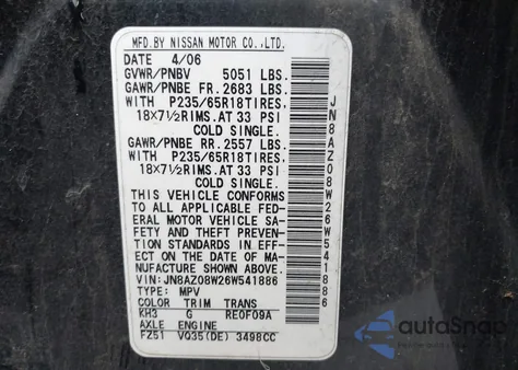 2006 Nissan Murano Se from USA, damaged, VIN JN8AZ08W26W541886